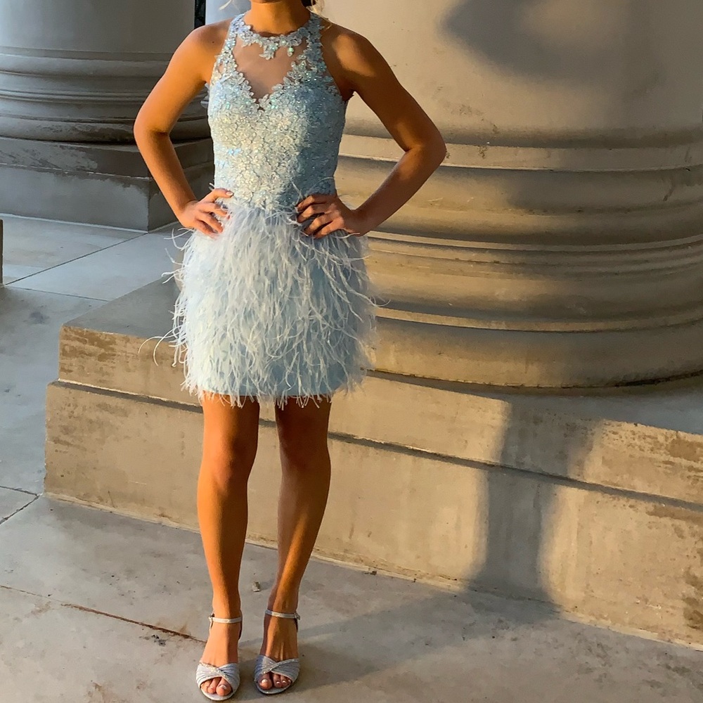 JVN by Jovani Light Blue Feathered Lace Halter Cocktail Dress